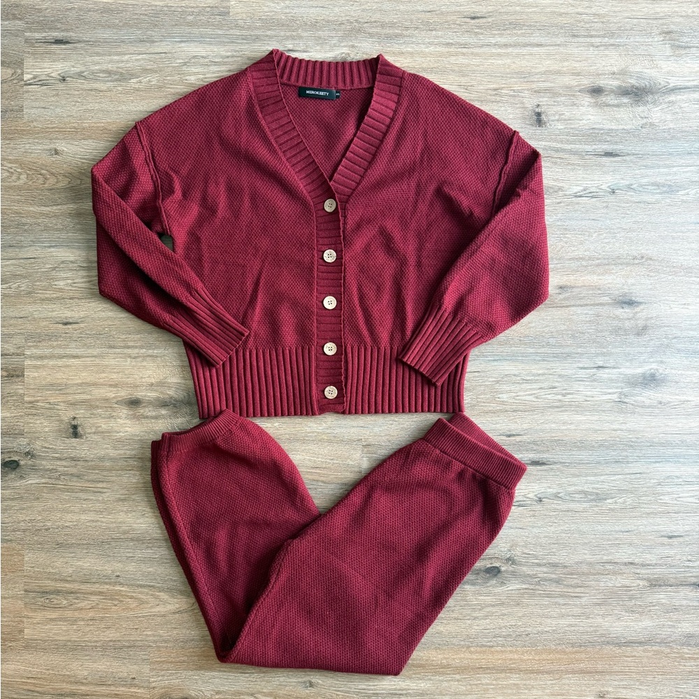 Burgundy Knit Cardigan and Pants Set Small